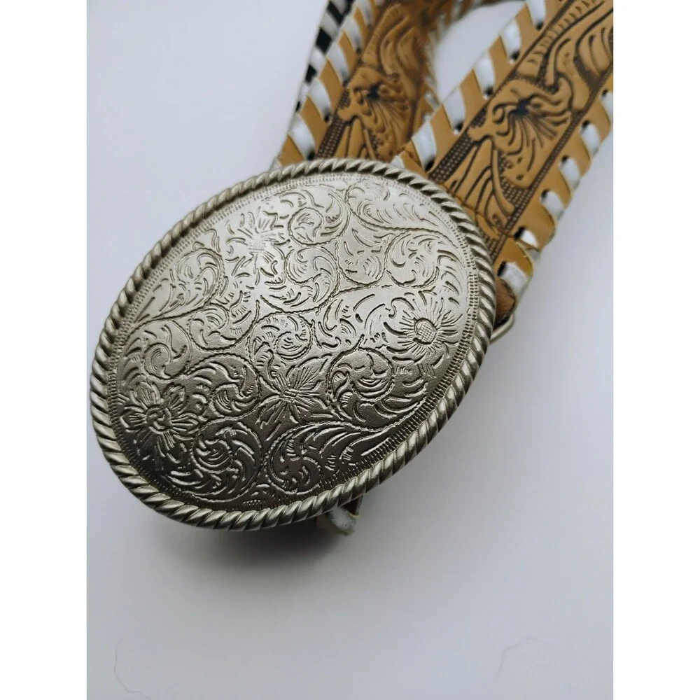 Vintage Western Tooled Leather Belt& Engraved Buckle Boys Cowboy Style Sz 14 1/2